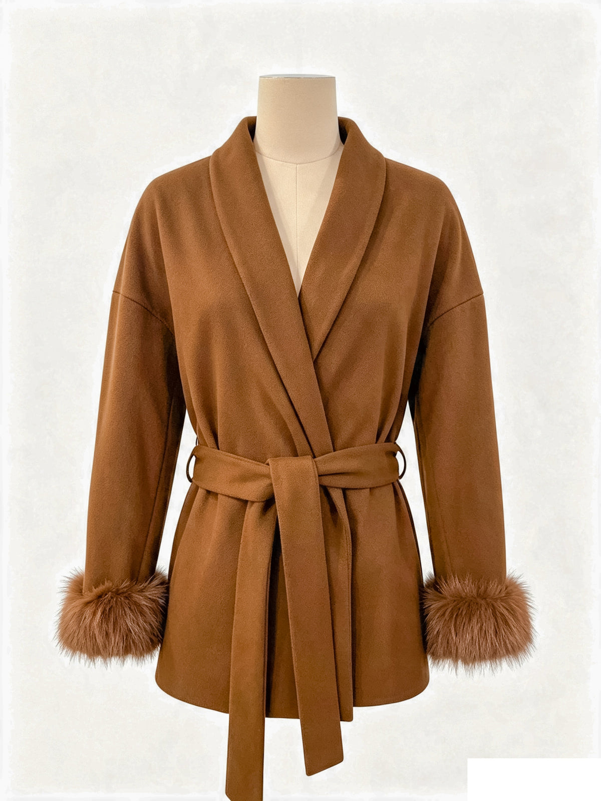 Bindegürtel-Jacke mit Fellmanschetten