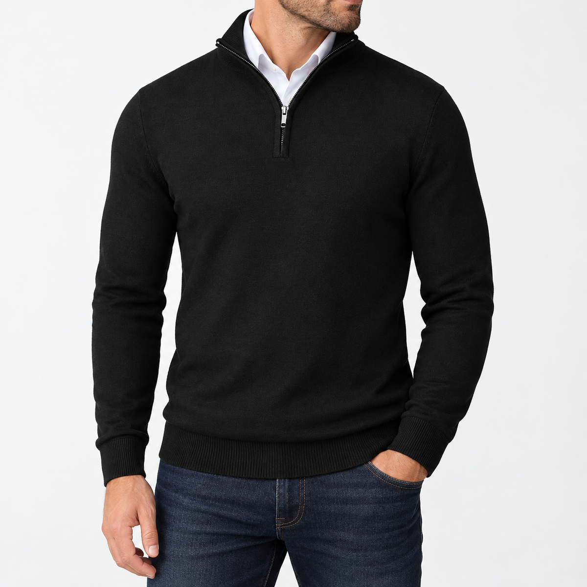 Herren Pullover mit Stehkragen und Reißverschluss Schwarz am Model