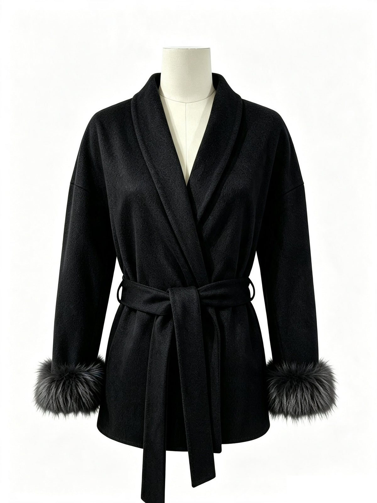 Bindegürtel-Jacke mit Fellmanschetten