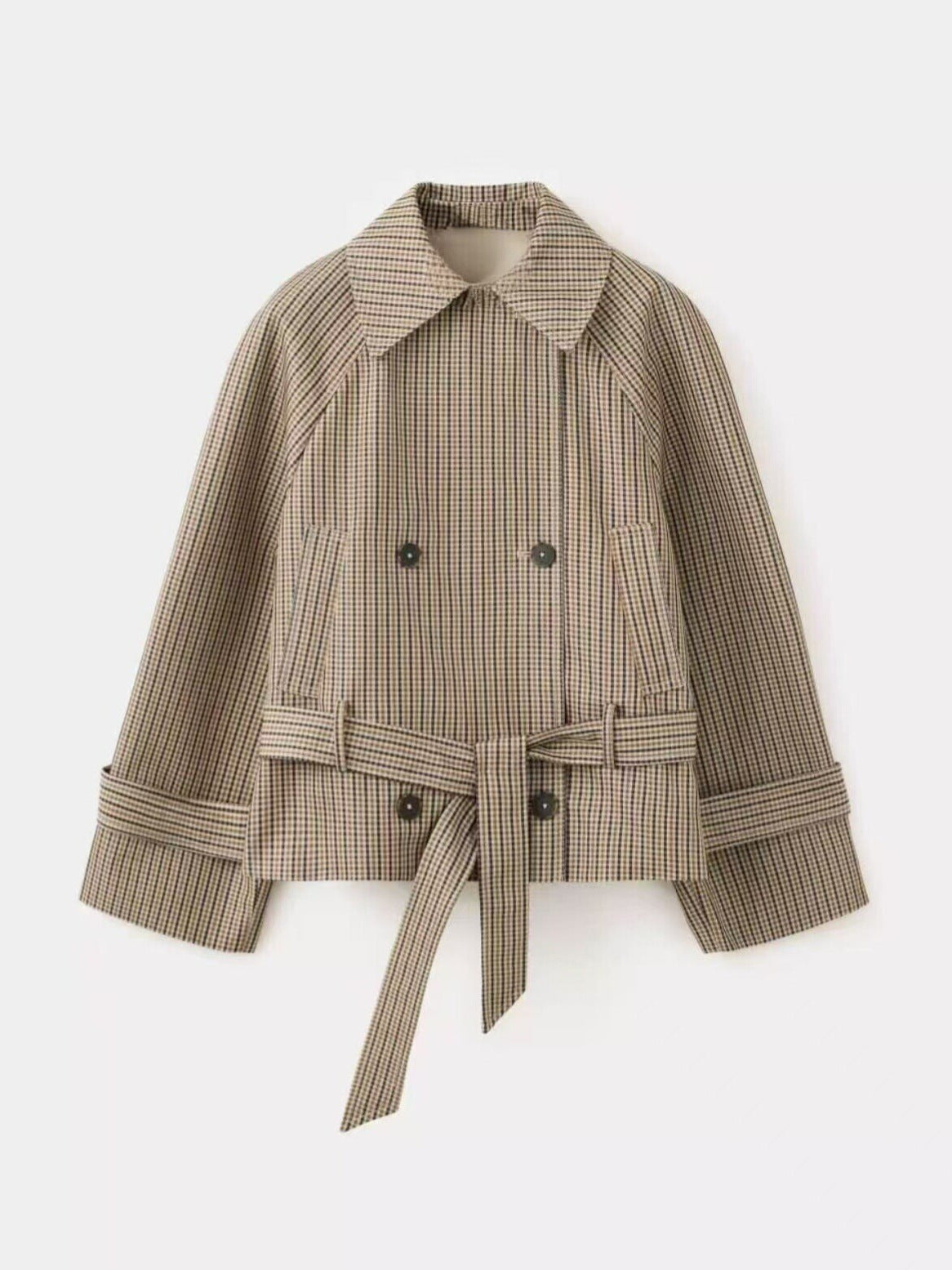 Karierter Kurz-Trenchcoat mit Bindegürtel.
