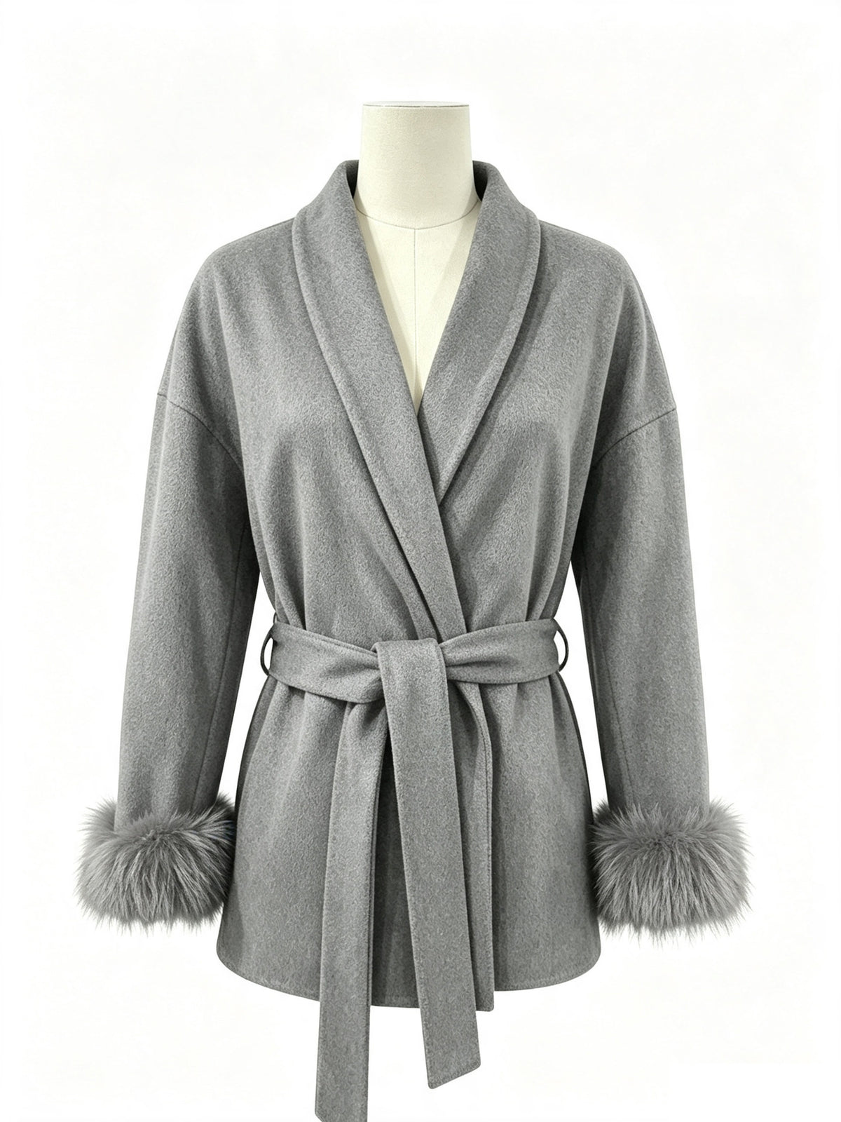 Bindegürtel-Jacke mit Fellmanschetten