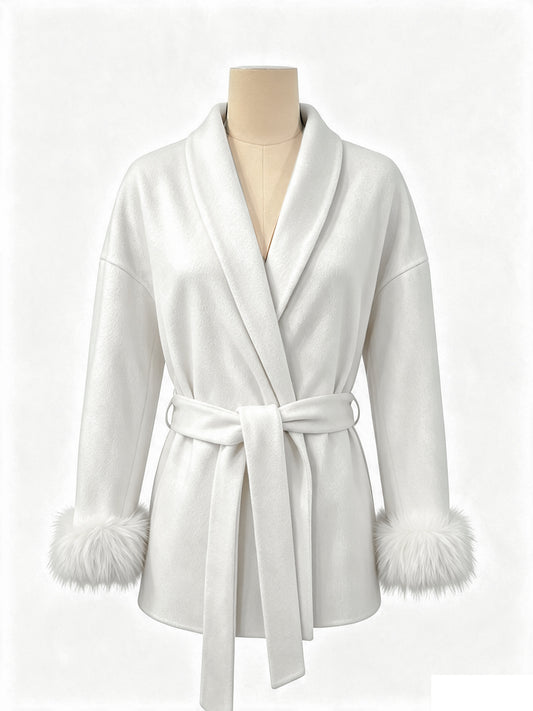 Bindegürtel-Jacke mit Fellmanschetten