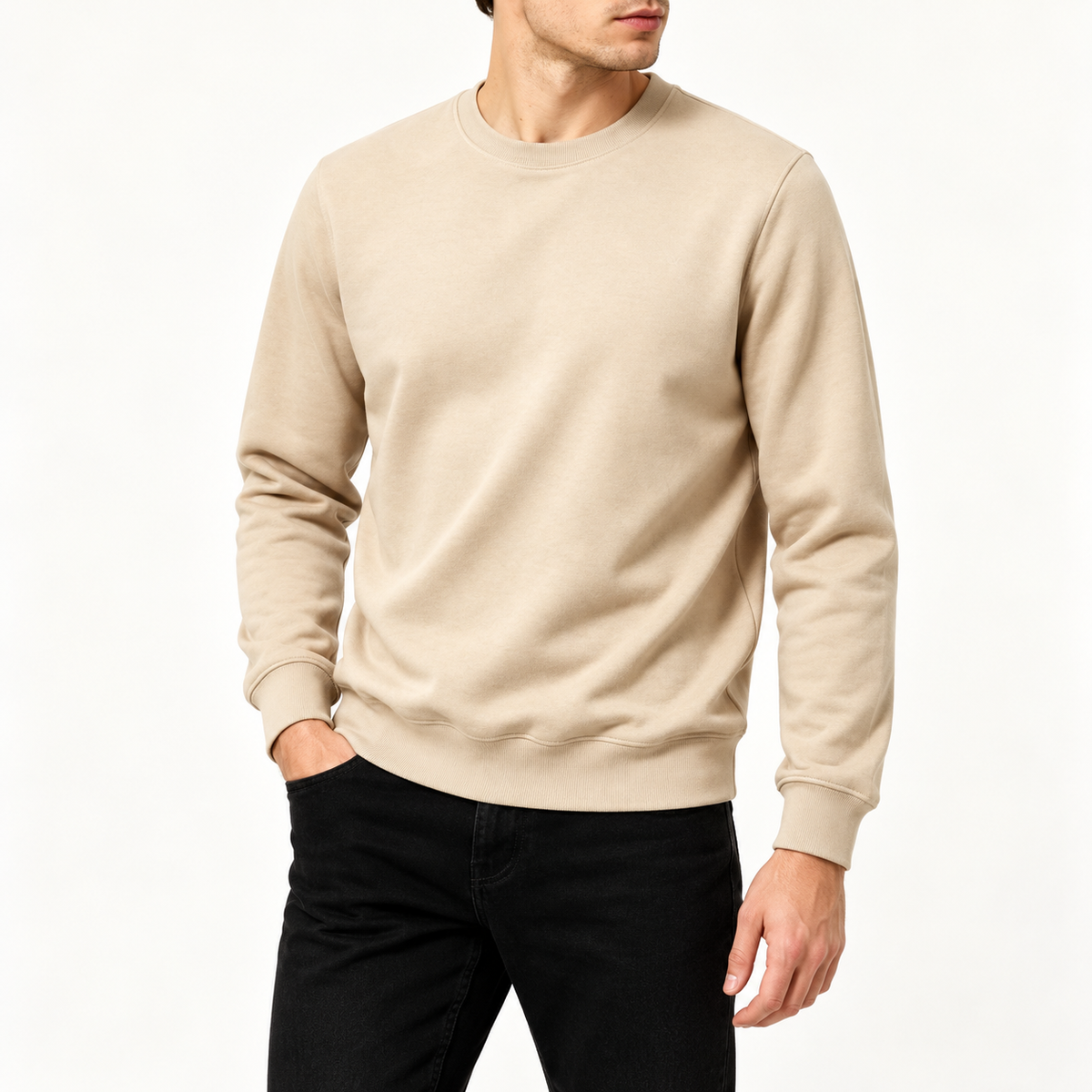 Rundhals-Sweatshirt Beige am Model