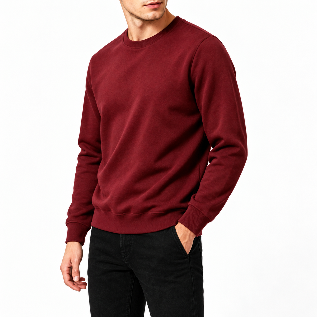 Rundhals-Sweatshirt Bordeaux am Model