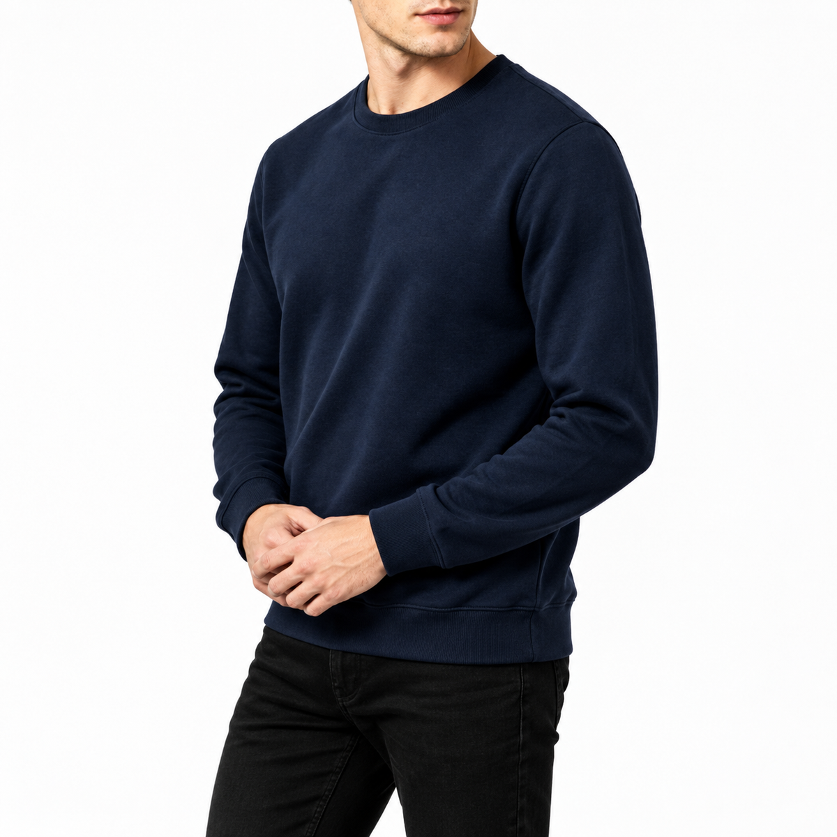 Rundhals-Sweatshirt Dunkelblau am Model