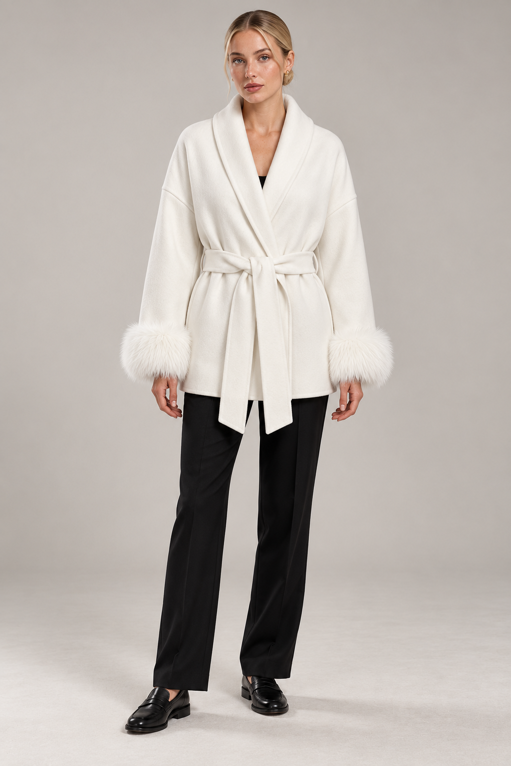 Bindegürtel-Jacke mit Fellmanschetten
