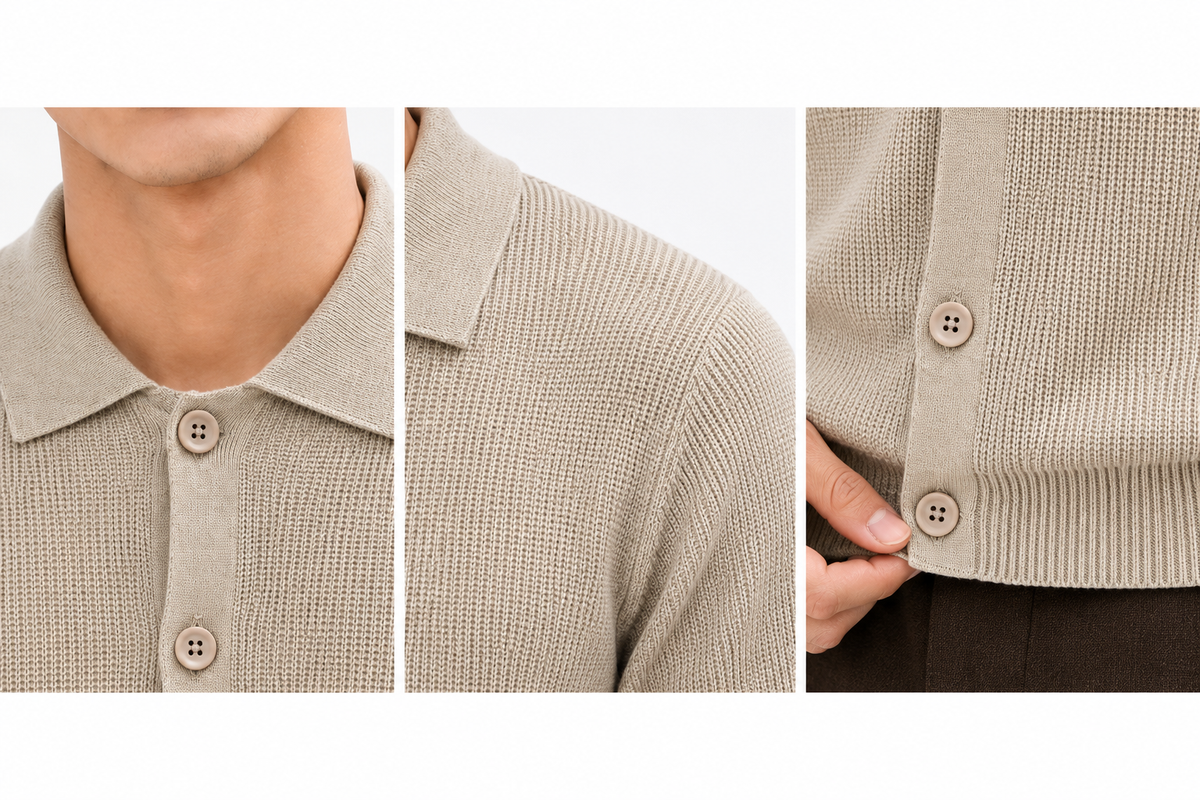 Strickhemd Beige: Kragen, Schulter und Saum
