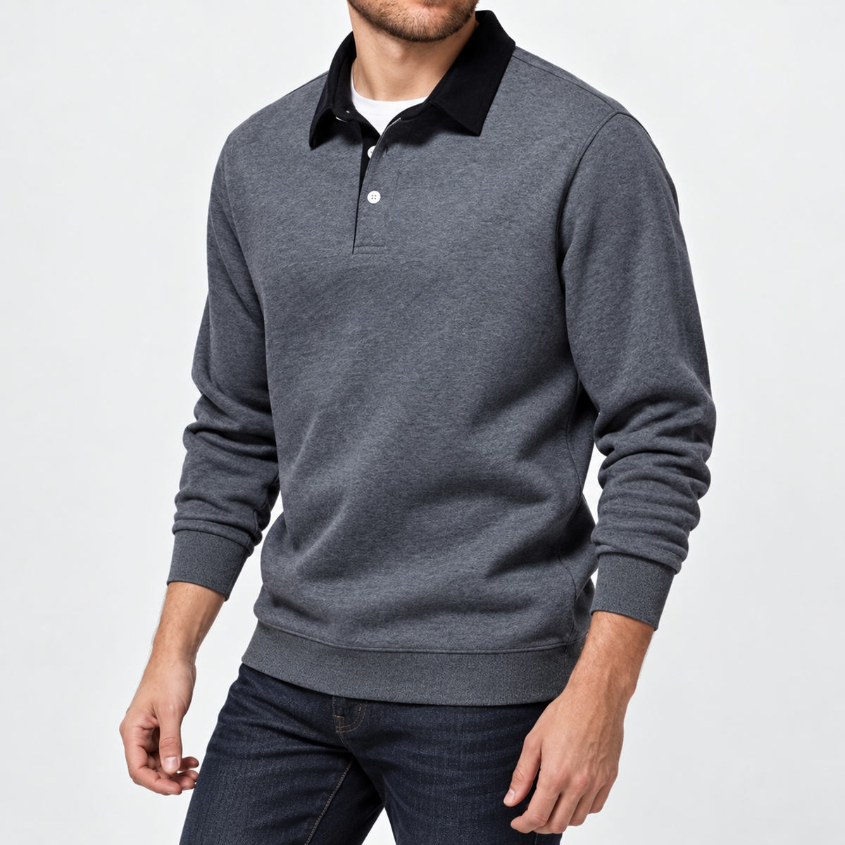 Herren Langarm-Poloshirt mit Kontrastkragen Anthrazit am Model
