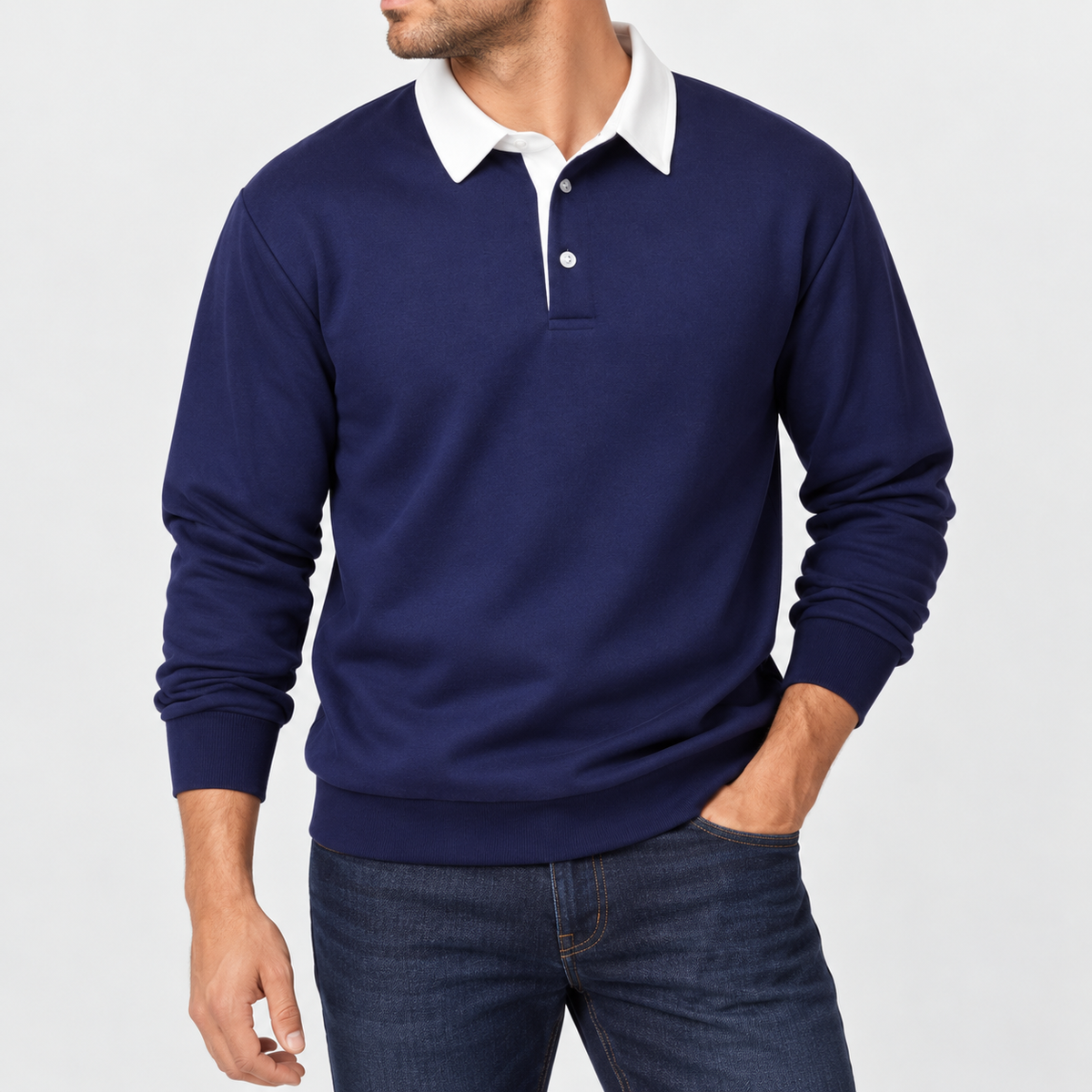Herren Langarm-Poloshirt mit Kontrastkragen Dunkelblau am Model