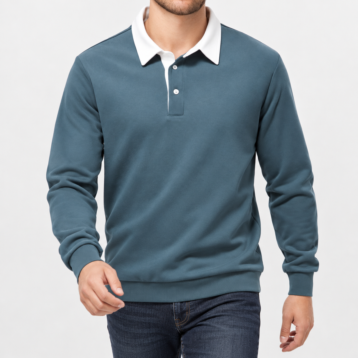 Herren Langarm-Poloshirt mit Kontrastkragen Petrol am Model