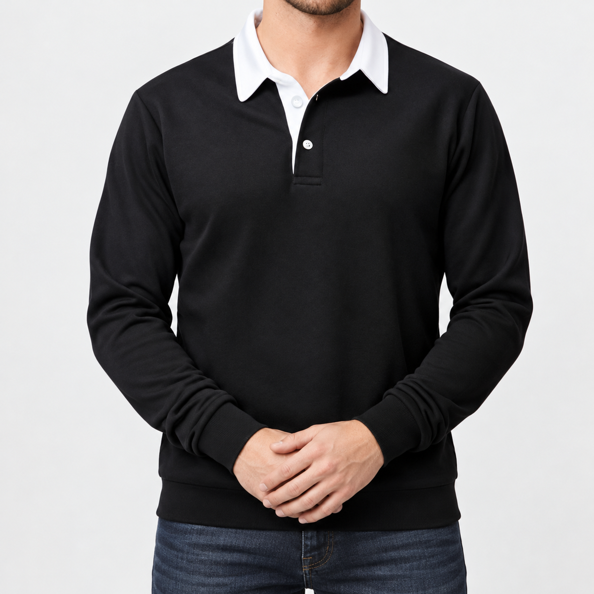 Herren Langarm-Poloshirt mit Kontrastkragen Schwarz am Model