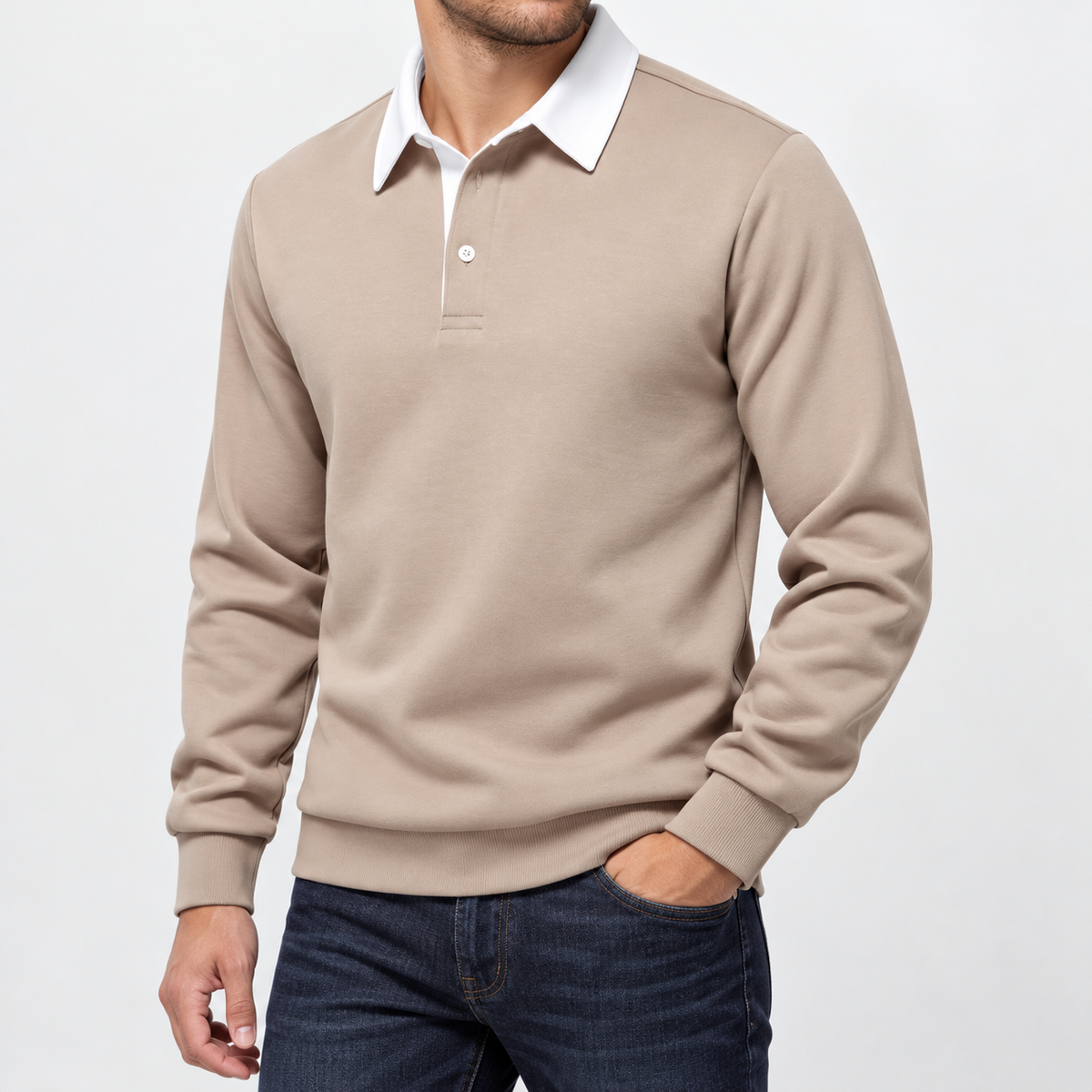 Herren Langarm-Poloshirt mit Kontrastkragen Taupe am Model