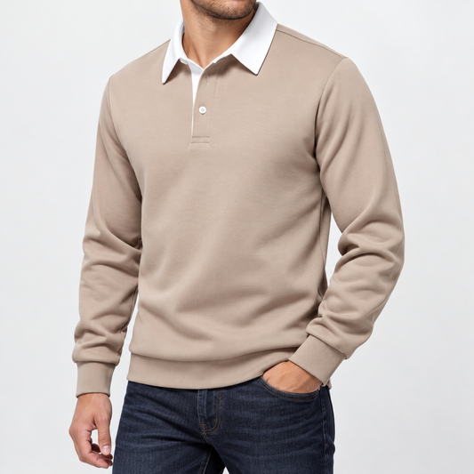 Herren Langarm-Poloshirt mit Kontrastkragen Taupe am Model