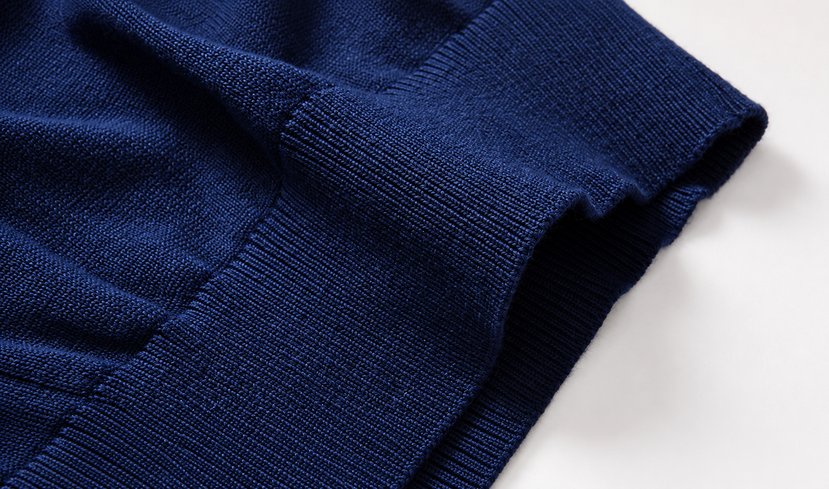 Marineblaue Feinstrickjacke – Rippbund am Saum