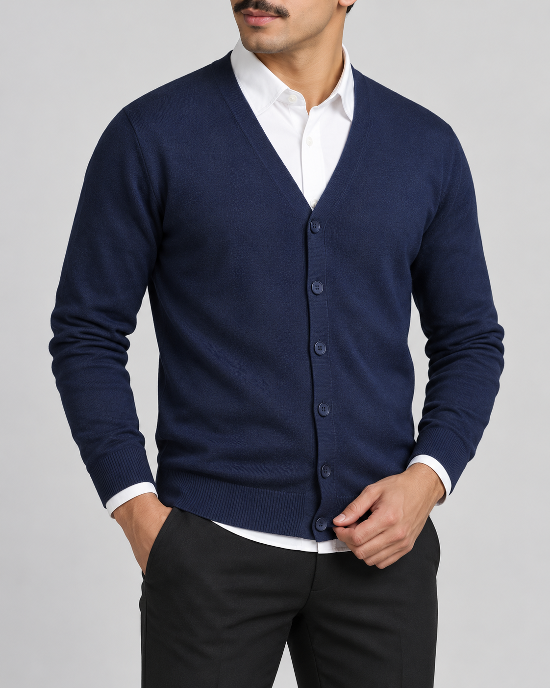 Feinstrickjacke Marineblau am Model