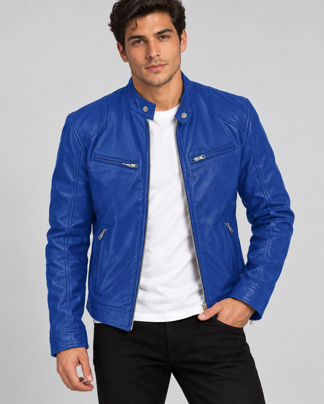 Bikerjacke Blau am Model