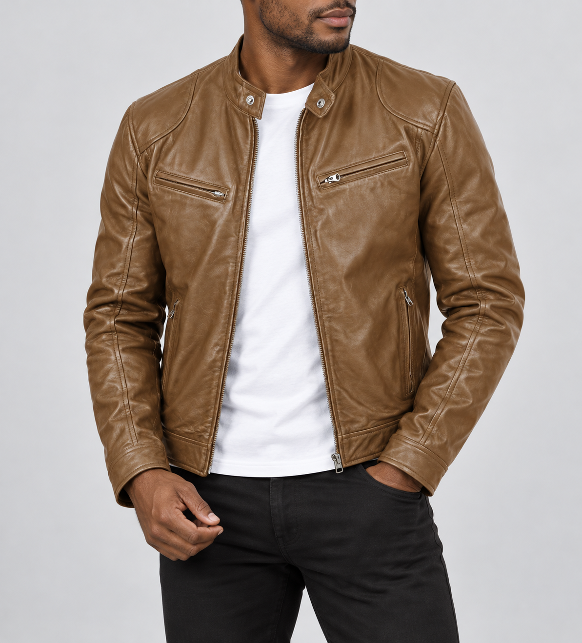 Bikerjacke Cognac am Model