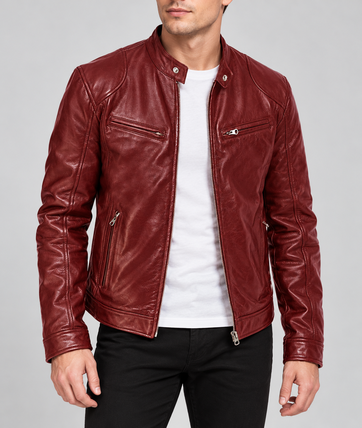 Bikerjacke Bordeauxrot am Model