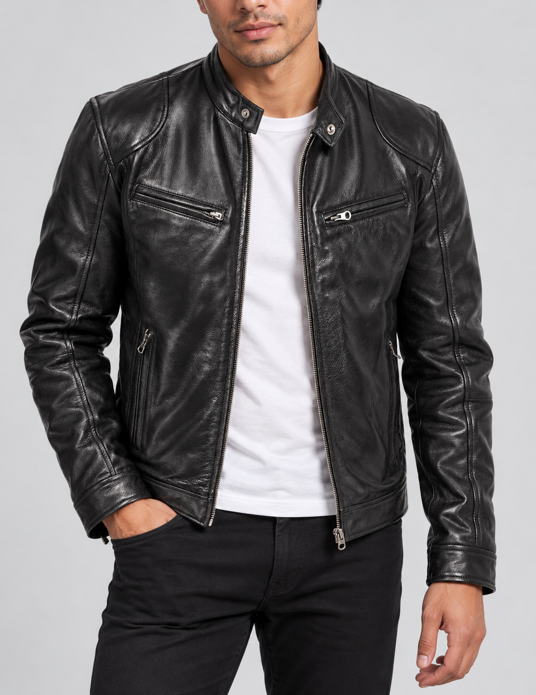 Bikerjacke Schwarz am Model