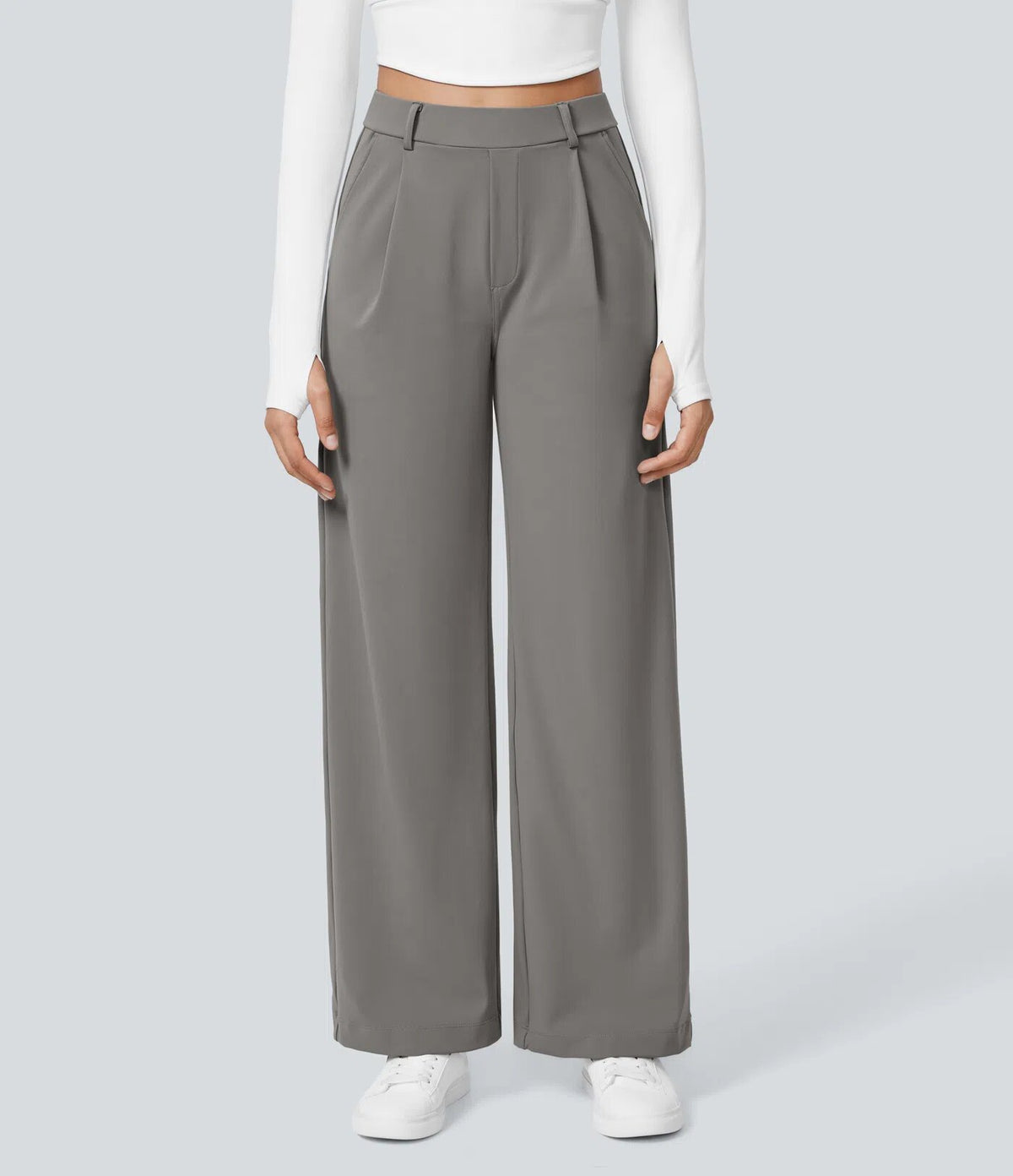 Old-Money Bundfaltenhose mit weitem Bein in Grau – Vorderansicht