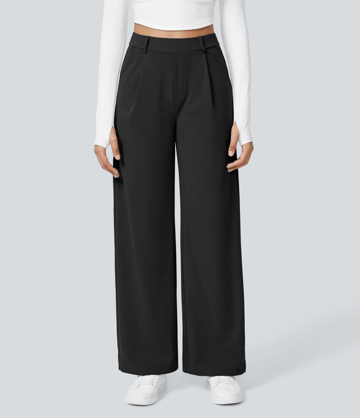 Old-Money Bundfaltenhose mit weitem Bein in Schwarz – Vorderansicht