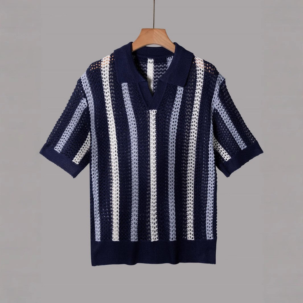 Streifen-Strickpolo Marineblau mit Weiß – Produktansicht