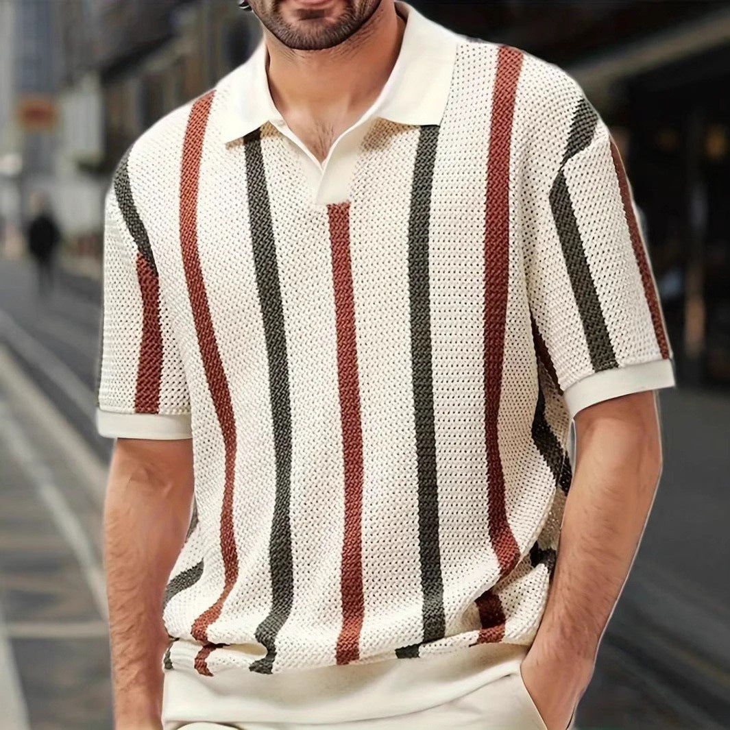 Streifen-Strickpolo Creme mit Rost und Oliv – weitere Ansicht