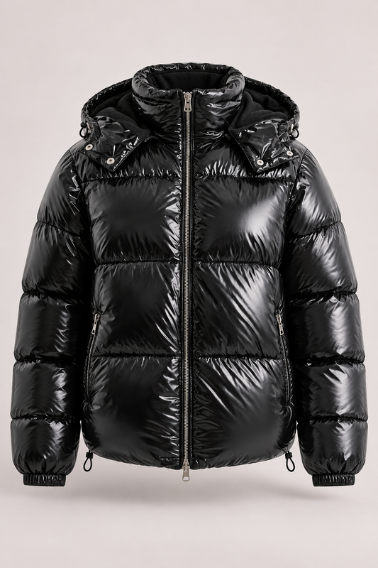 Glänzende Pufferjacke mit Kapuze