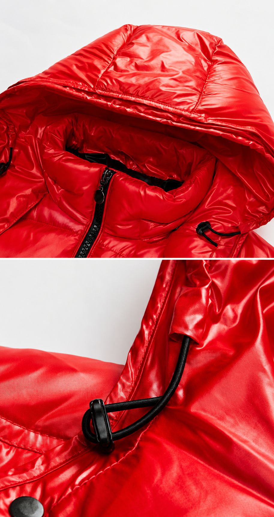 Rote Pufferjacke – Kapuze und Kordelzug