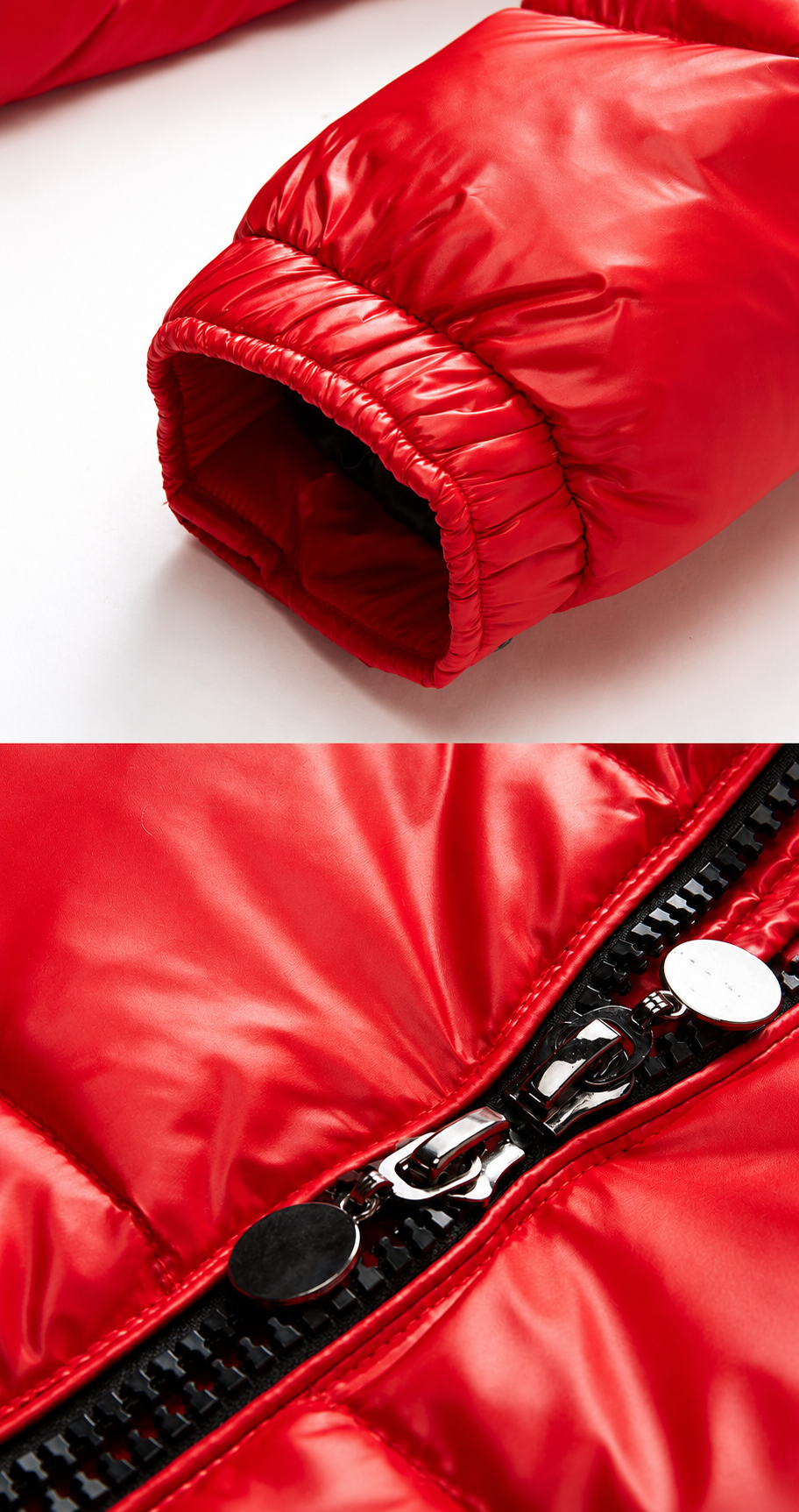 Rote Pufferjacke – Ärmelbündchen und Reißverschluss