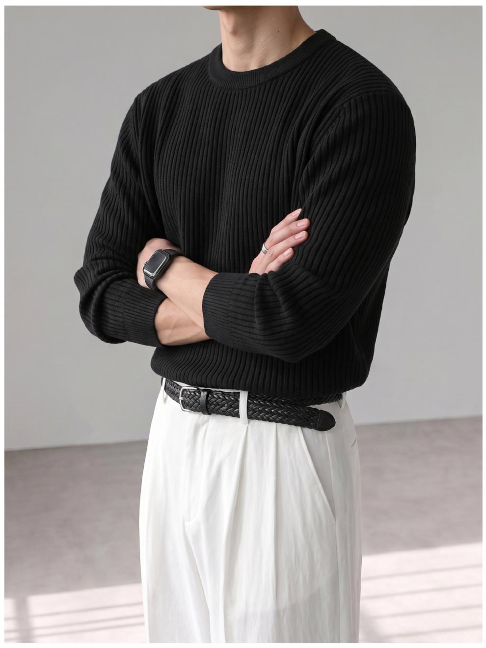 Herren Rippenstrickpullover Schwarz