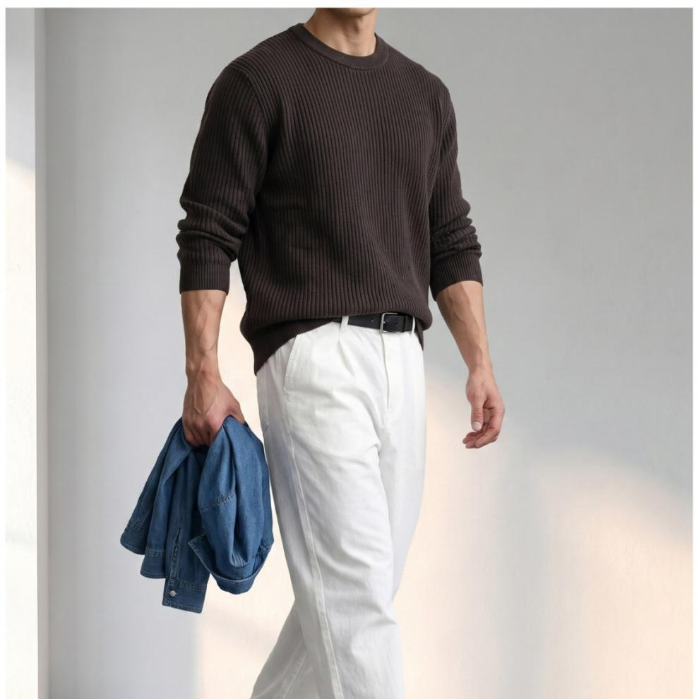 Herren Rippenstrickpullover Dunkelbraun