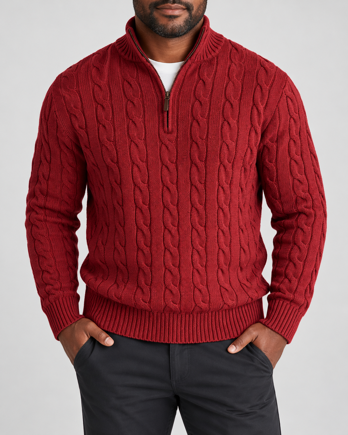 Zopfmuster-Pullover Rot am Model