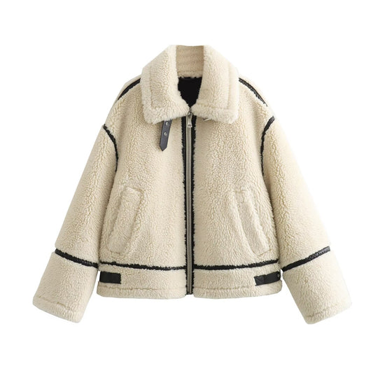Teddy-Aviatorjacke in Creme – Vorderansicht