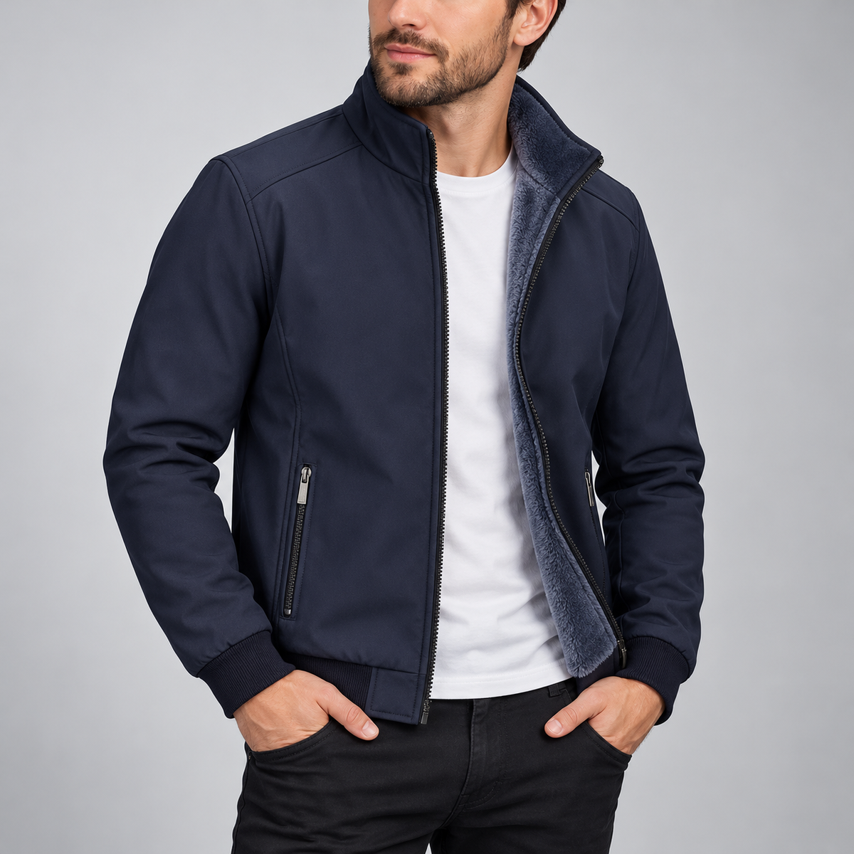 Gefütterte Jacke Marineblau / Innenfutter Blaugrau am Model