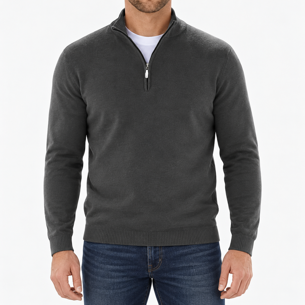 Herren Pullover mit Stehkragen und Reißverschluss Anthrazit am Model