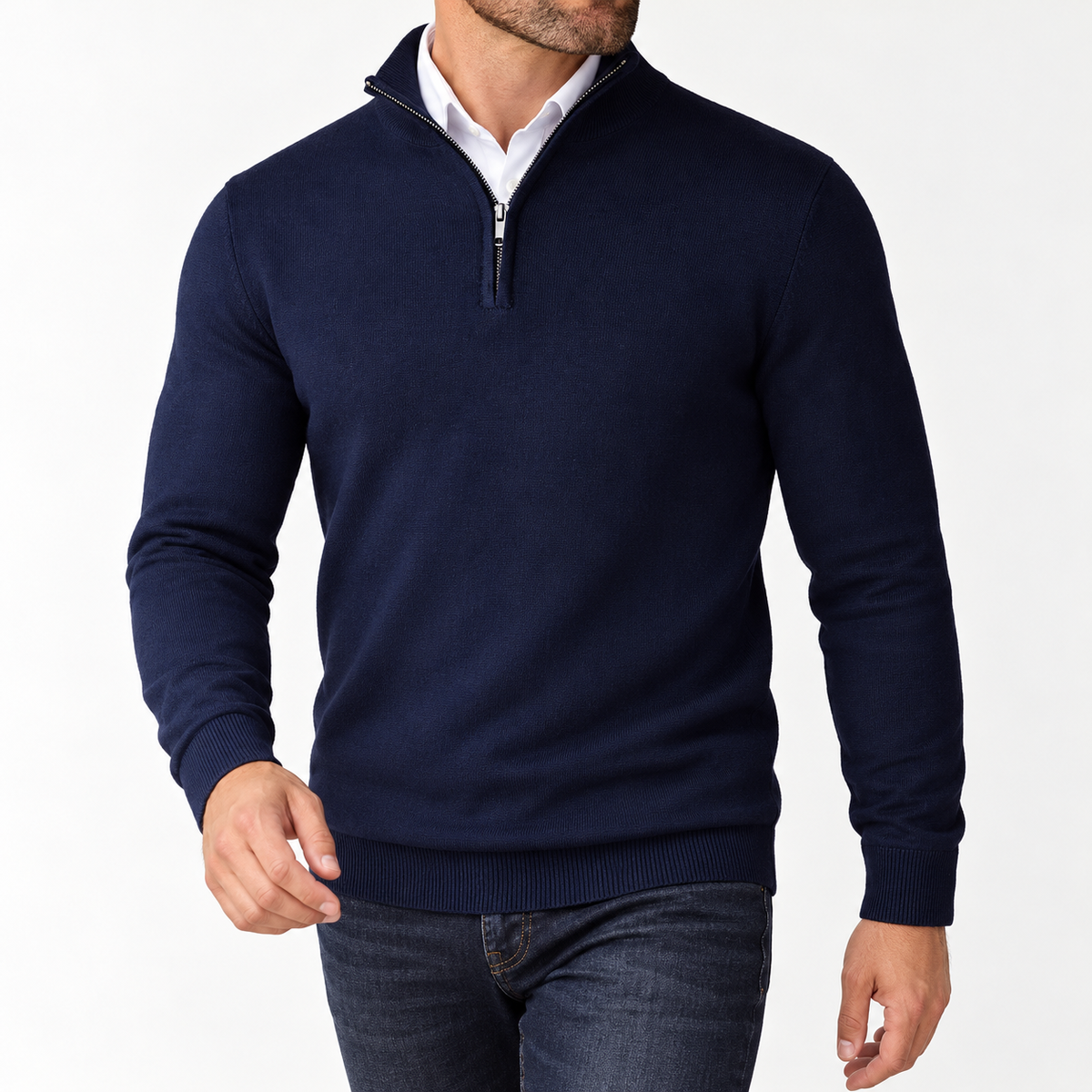 Herren Pullover mit Stehkragen und Reißverschluss Dunkelblau am Model